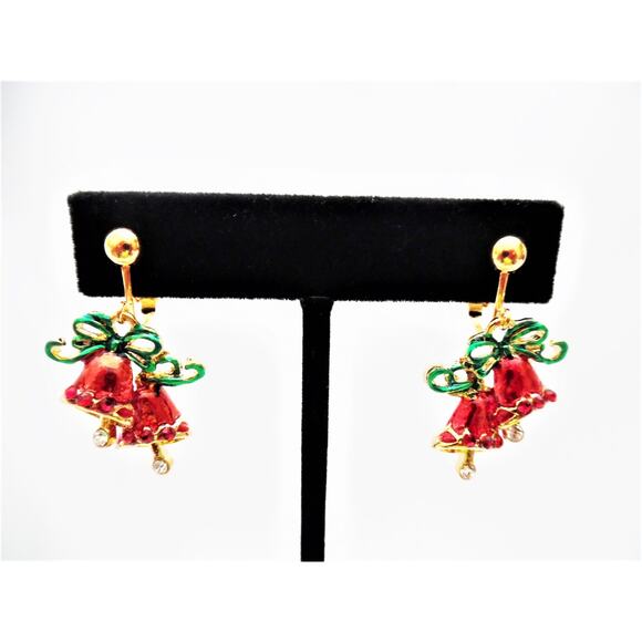 Clip on 1 1/2" gold, red and green double bell dangle earrings with red stones - Picture 1 of 3